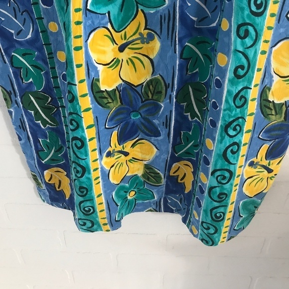 Vintage 80s Mini dress Beachy Tropical Paisley Floral Aloha Print Blue/Yellow S - Picture 5 of 7